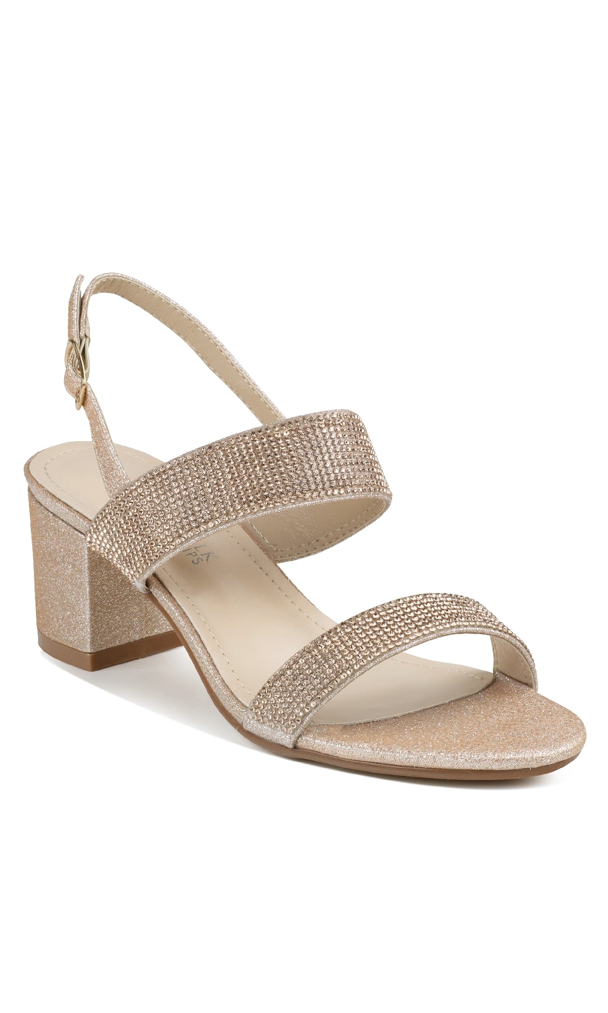 The Ares Champagne Glitter Prom Shoes (Touch Ups 4654) are gold, open-toe sandals with low block heels, two glittery straps, and an ankle strap with a small buckle—ideal for prom.